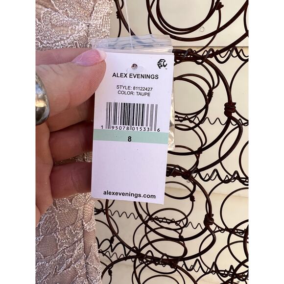 Alex Evenings Long Halter Lace Sheath Dress with Skirt Slit in Taupe Size 8 - Picture 6 of 7